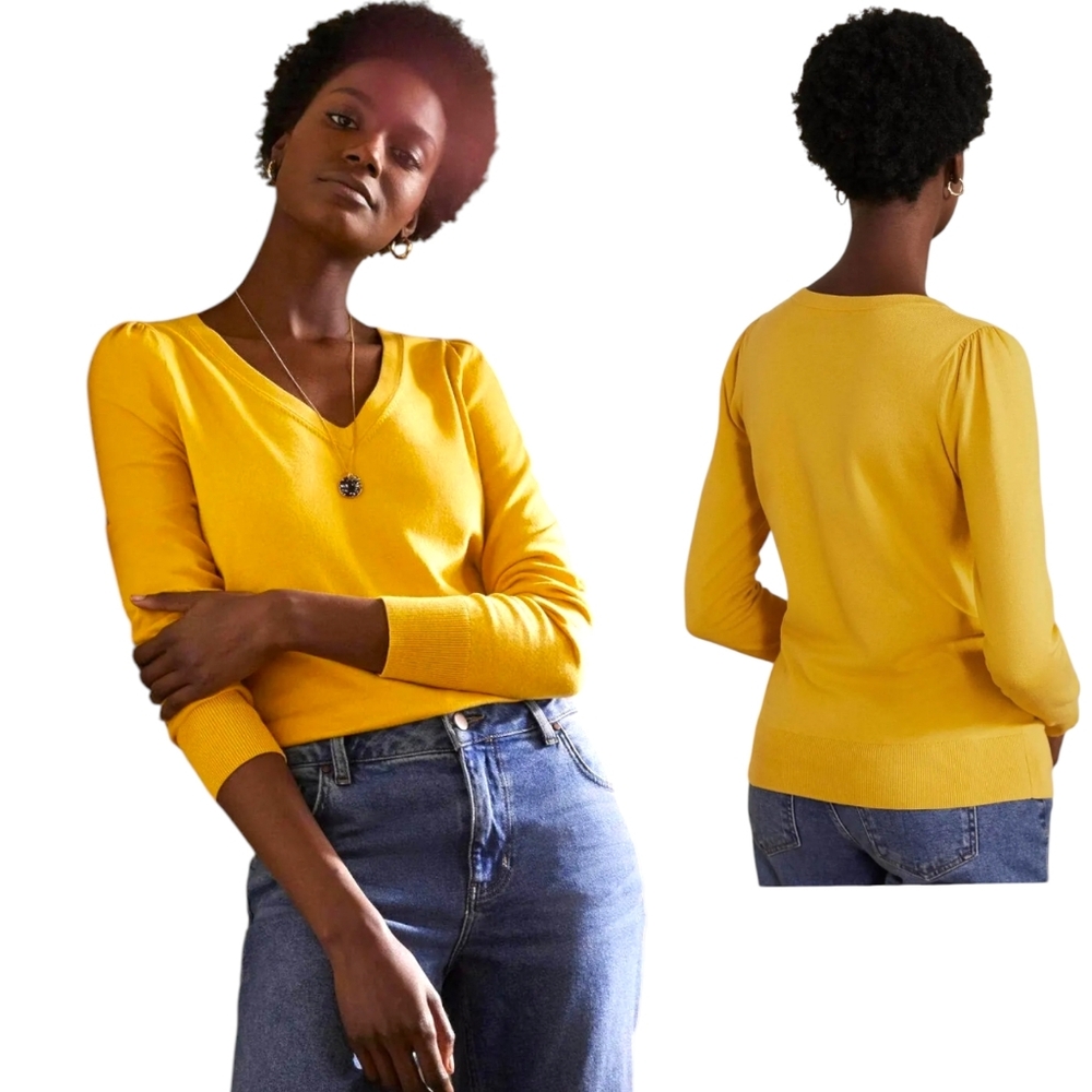 Boden Mustard Yellow V-Neck Knit Sweater Puff Sleeve Size S